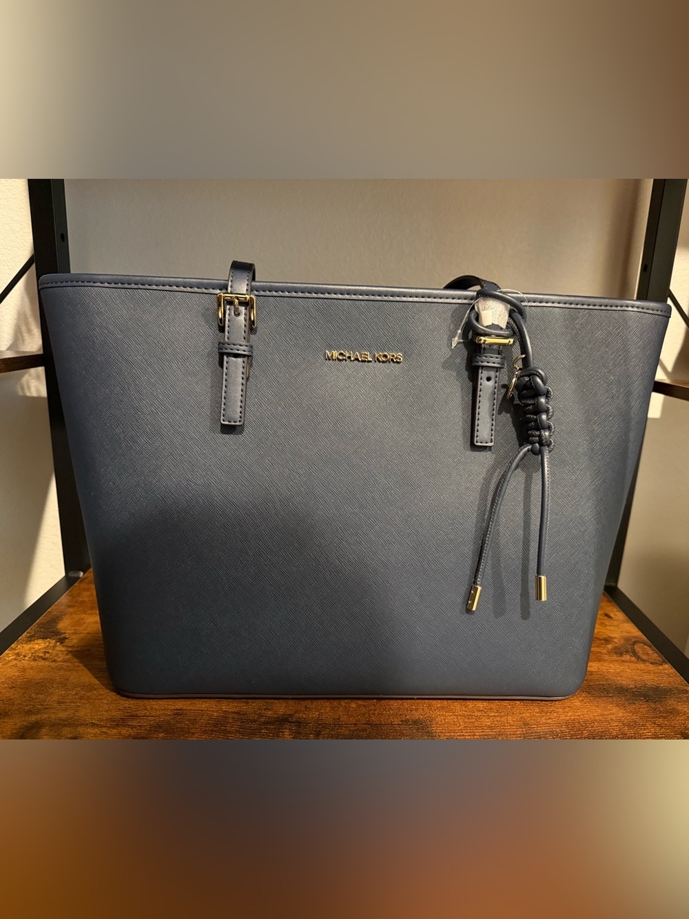 Michael Kors Navy Saffiano Tote with Gold Hardware